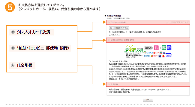 お支払い方法を選択して下さい。（クレジットカード、後払い、代金引換の中から選べます。）