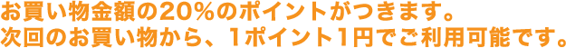 お買い物金額の20％のポイントがつきます。次回のお買い物から、1ポイント1円でご利用可能です。