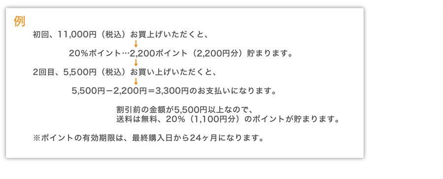 例：初回、10,500円（税込）お買い上げいただくと→20％ポイント…2,100ポイント（2,100円分）貯まります。→2回目、5,250円（税込）お買い上げいただくと→5,250円－2,100円＝3,150円のお支払いになります。割引前の金額が5,250円以上なので、送料は無料、20％（1,050円分）のポイントが貯まります。※ポイントの有効期限は、最終購入日から24ヵ月になります。